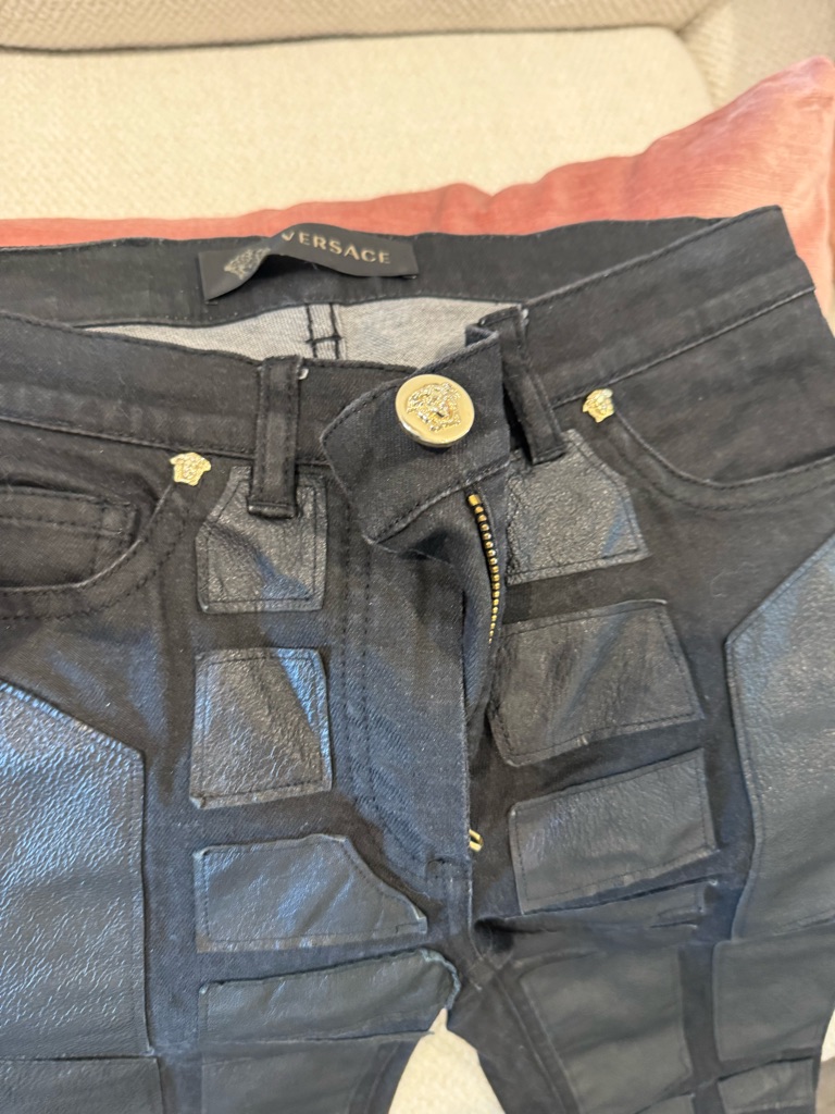 Versace Black Patchwork Leather-Accent Jeans With Gold Hardware